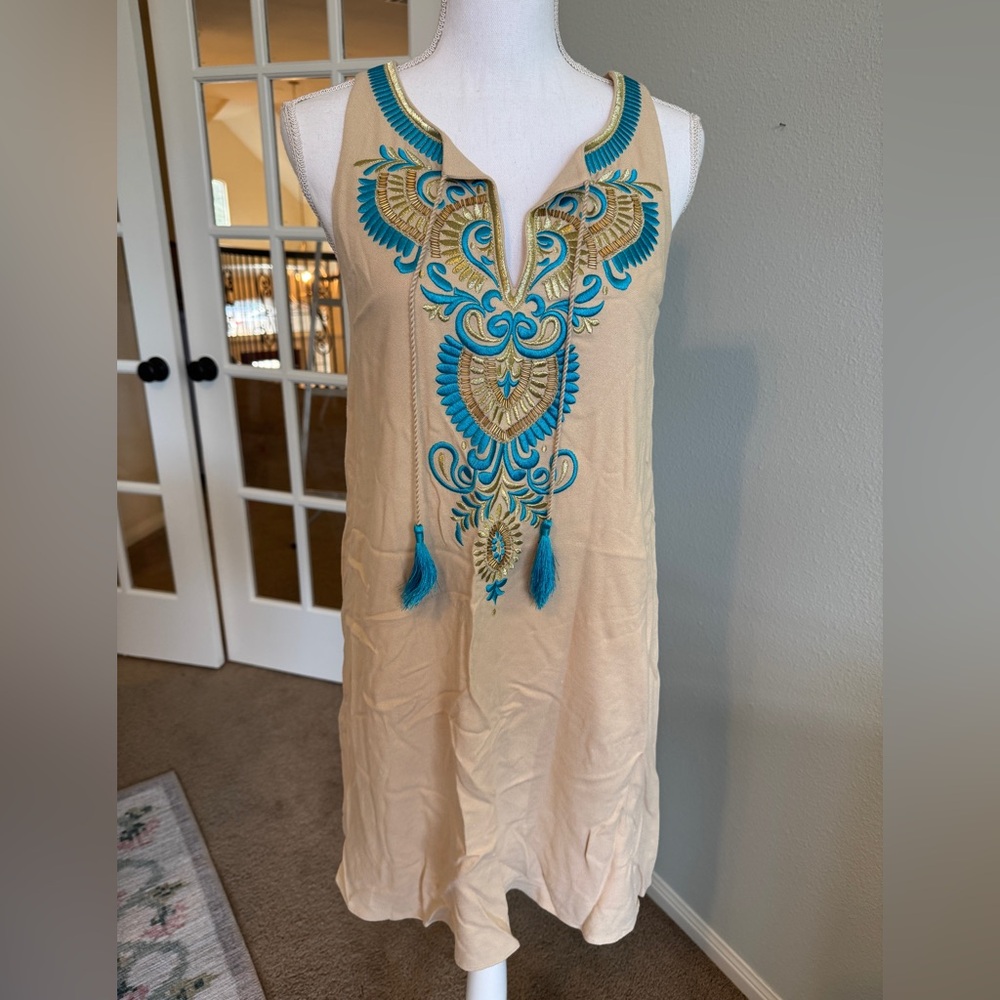 Lilly Pulitzer Embroidered Tan and Blue Sleeveless Dress Size Small
